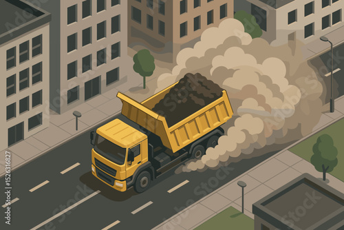Yellow dump truck emitting exhaust fumes, causing air pollution in a city. Isometric vector illustration concept of traffic smog, carbon emissions, environmental damage and transport.