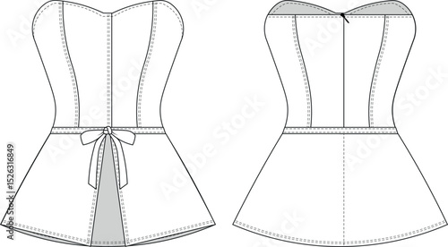 sleeveless strapless sweetheart neck with bows coquette princess darted tailored low cut cutout blouse top denim template technical drawing flat sketch cad mockup fashion woman design style model 
