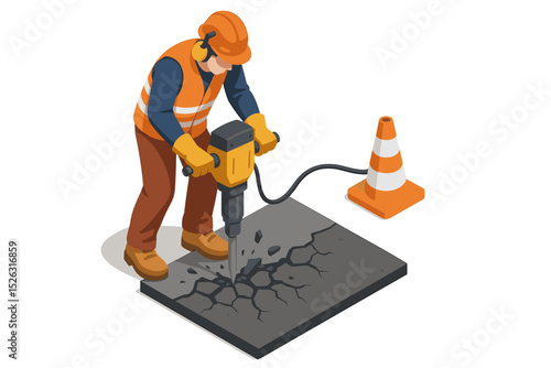 Isometric road repair concept. Construction worker with a jackhammer breaking asphalt. Man in safety helmet and vest working on street maintenance. Vector demolition illustration.