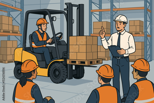 Forklift safety training vector illustration. Instructor teaching warehouse workers about occupational health and safety. Operator learning to drive a forklift truck. Logistics team briefing.
