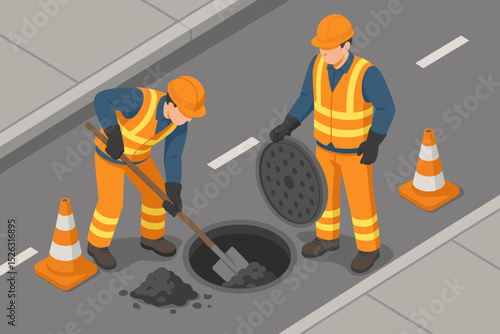 Sewer maintenance workers cleaning street manhole isometric illustration. Sanitation team in uniform with safety vest and hard hat. Public utility service, plumbing repair concept.