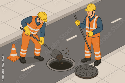 Two utility workers in uniform cleaning a sewer system manhole. Isometric vector illustration of a plumbing team performing road work and infrastructure maintenance. Safety concept.