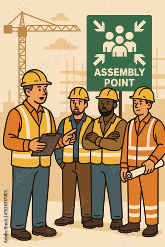Construction crew safety briefing. Foreman with clipboard instructing workers at the assembly point. Concept of workplace safety, emergency drill, and teamwork on site.