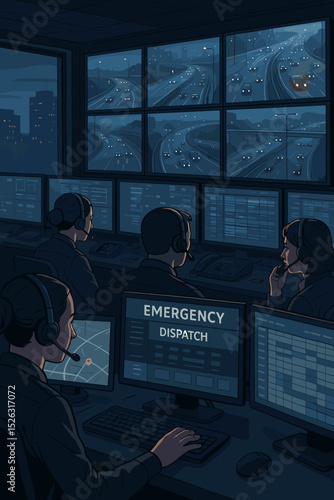 Emergency dispatch team in a control center monitoring city highway traffic at night. Operators working in a dark command room with surveillance screens. Public safety, 911 concept.