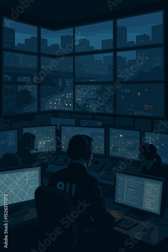 Emergency dispatchers in 911 command center. Team monitoring city traffic surveillance system. Security operators working with computers and screens at night. Public safety concept.