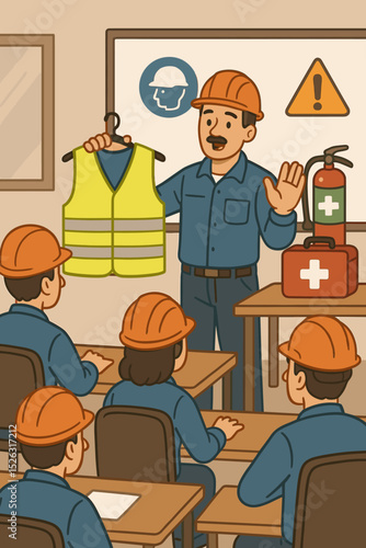 Workplace safety training session concept. Instructor teaches industrial workers about personal protective equipment. Classroom with hard hat, safety vest, first aid, fire extinguisher.