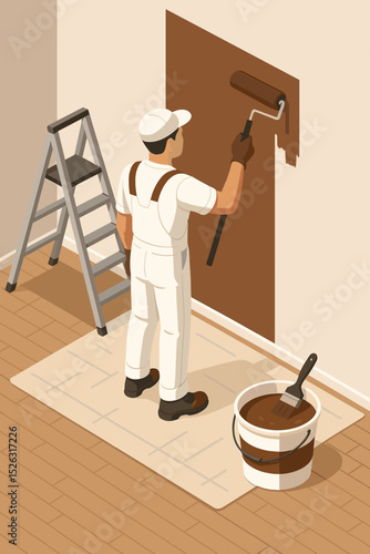Professional painter in uniform painting an interior wall with brown paint using a roller. Home improvement, repair, and redecoration service. Isometric vector illustration concept.