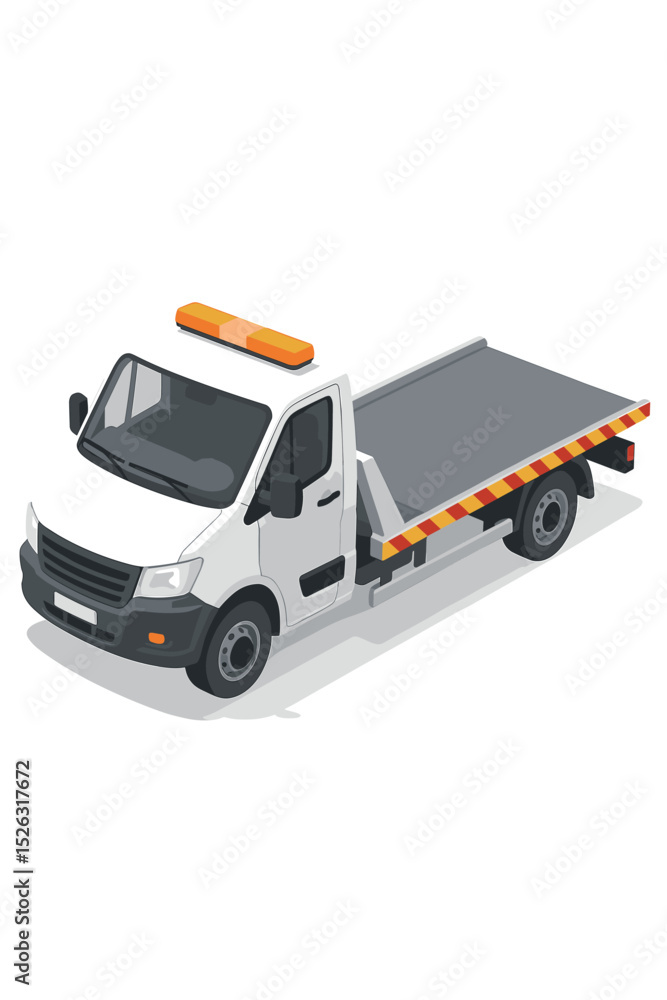 Fototapeta premium Isometric flatbed tow truck vector illustration. Roadside assistance and vehicle recovery service concept. Emergency car carrier transport or wrecker isolated on white background.