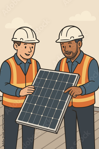 Team of diverse engineers or technicians installing a solar panel. Concept of renewable energy, sustainability, and green power. Vector illustration of workers in hard hats.