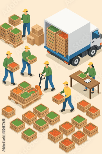 Food logistics and supply chain isometric concept. Workers loading a delivery truck with crates of fresh produce. Agriculture industry, warehouse, shipping, and transport process vector.