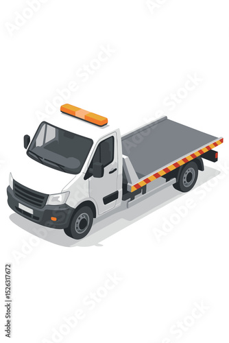 Isometric flatbed tow truck vector illustration. Roadside assistance and vehicle recovery service concept. Emergency car carrier transport or wrecker isolated on white background.