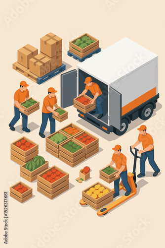 Warehouse workers loading truck with fresh produce. Isometric vector illustration of food logistics, grocery delivery, and agriculture supply chain. Transport and distribution concept.