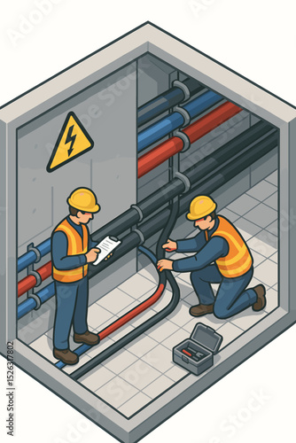 Isometric vector of electricians working in a utility tunnel. Engineers inspecting and repairing high voltage cables. Maintenance workers in hard hats. Electrical service concept.