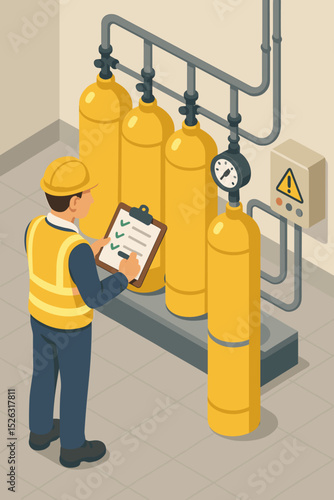 Engineer inspecting industrial gas cylinders. Isometric vector illustration of a technician with a clipboard checking a pressure gauge and pipeline system in a factory. Safety inspection.