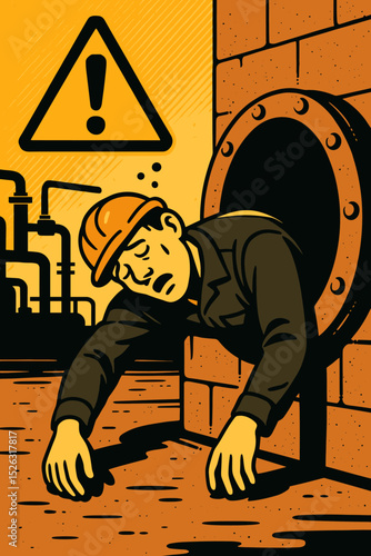 Workplace safety hazard concept. Unconscious industrial worker after an accident in a confined space. Man in hard hat poisoned by gas in a sewer manhole. Danger warning sign vector.