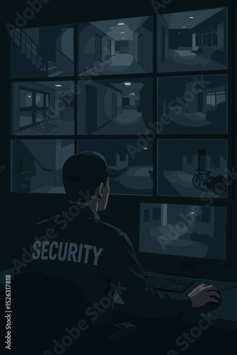 Anime style security guard on night shift duty, watching CCTV surveillance monitors in a dark control room. Concept of a safety system, professional observation, and protection.