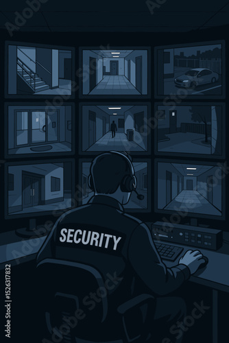Security officer working the night shift in a control room, monitoring surveillance footage on many screens. Concept of a CCTV system, vigilance, property protection, and safety.
