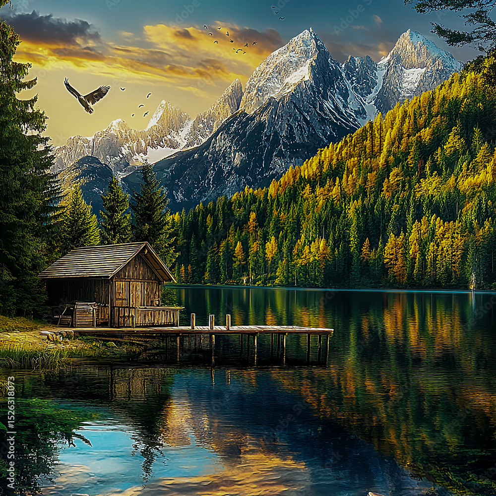 Fototapeta premium A Serene Lake and Snow-Capped Mountains at Dusk