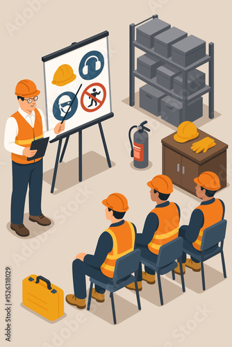 Industrial safety training session with instructor and workers. Occupational health and safety (OHS) meeting with PPE signs. Warehouse briefing concept. Isometric vector illustration.