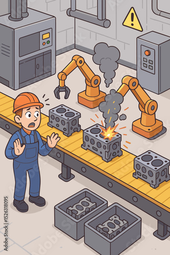 Factory production line malfunction with shocked worker. Industrial accident concept with broken machine part on conveyor belt, robotic arms, sparks, and smoke. Workplace safety.