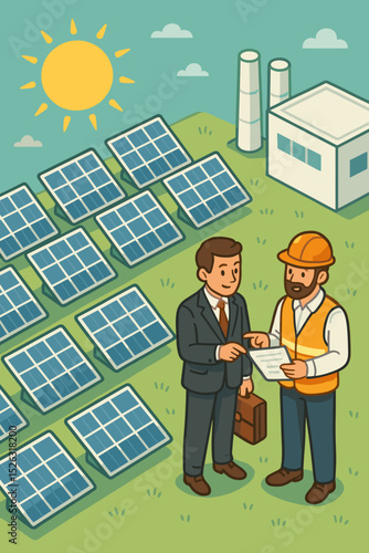 Businessman and engineer discussing a solar energy investment. Concept of renewable power, green technology, business partnership, and project planning at a modern solar farm.