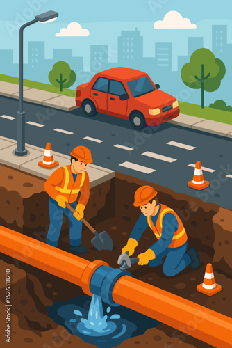 Plumbers repairing a broken water pipe underground. Road work crew fixing a leak in the city. Construction workers doing emergency maintenance. Utility services vector concept.