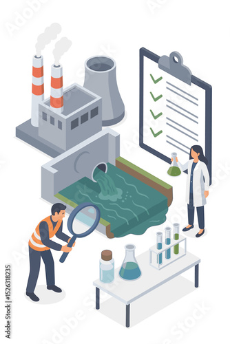Industrial wastewater inspection and water pollution control concept. Isometric vector of scientists analyzing factory effluent. Ecological monitoring of river contamination and quality.