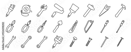 Construction tools vector icon set. Adjustable wrench, brush, roller, hammer and nails. Screw, nut and bolt. Tape measure, screwdriver, putty knife, saw, pliers and wire cutters