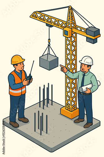 Isometric construction site. Engineer and worker collaborating on building project. Crane operation teamwork. Architect with blueprint supervising foundation. Real estate development.