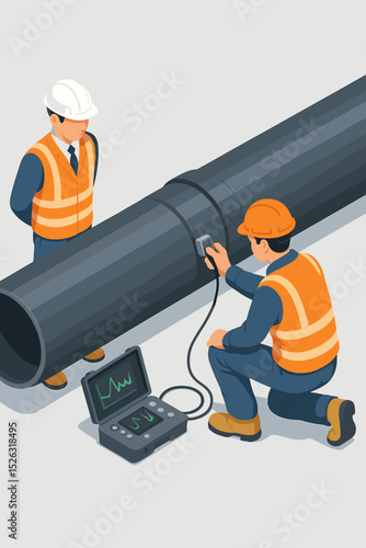 Isometric vector of engineers using ultrasonic testing equipment for pipe inspection. Non-destructive test for pipeline flaw detection. Industrial quality control and diagnostics concept.