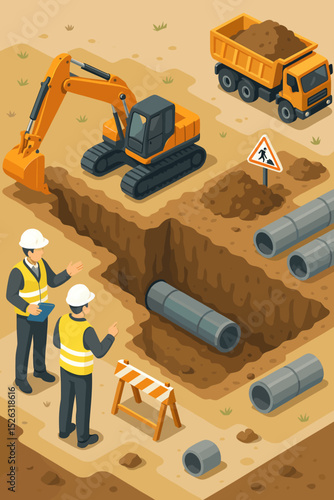 Construction site isometric vector illustration. Engineers supervising pipeline installation project. Excavator digging a trench, dump truck, concrete pipes, and safety equipment.