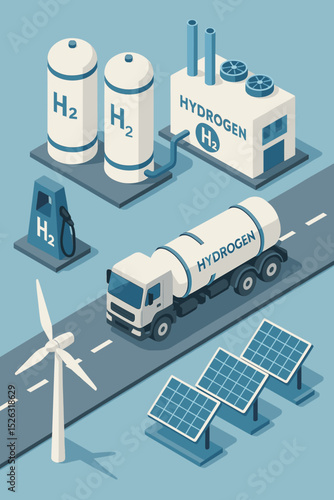 Green hydrogen energy infrastructure isometric illustration. Renewable H2 production with wind turbine and solar panels. Sustainable fuel storage, transport truck, and refueling station.
