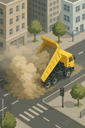 Dump truck unloading sand, creating a large dust cloud on a city street. Isometric illustration concept of construction hazard, air pollution, environmental issue, and industry.