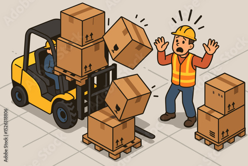 Forklift accident vector illustration. Overloaded cargo boxes falling from pallet in warehouse. Scared worker in danger. Workplace safety, industrial hazard, and risk management concept.