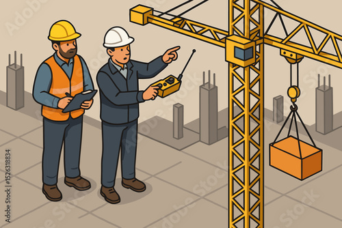 Isometric illustration of construction workers collaborating. Engineer operates a tower crane with remote control while foreman supervises. Building site teamwork and safety concept.
