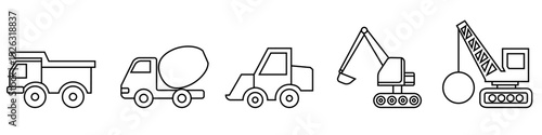 Construction equipment icon vector set. Concrete mixer illustration sign collection. Truck symbol. Excavator web icons. Construction equipment symbols for web and mobile app.