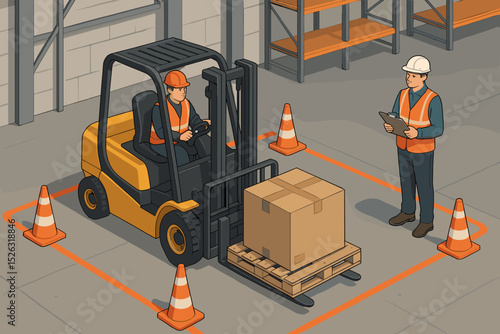 Forklift operator training course isometric illustration. Warehouse worker driving a lift truck for a certification test. Instructor supervising for occupational safety and logistics.