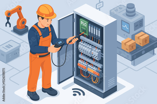 Technician engineer fixing PLC control cabinet in smart factory. Isometric vector illustration of industrial automation, robotic arm, and conveyor belt. Maintenance and repair concept.