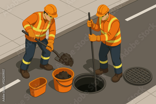 Sewer maintenance workers cleaning a city street manhole. Isometric vector illustration of a sanitation team at work. Public utility service for drainage and plumbing repair concept.