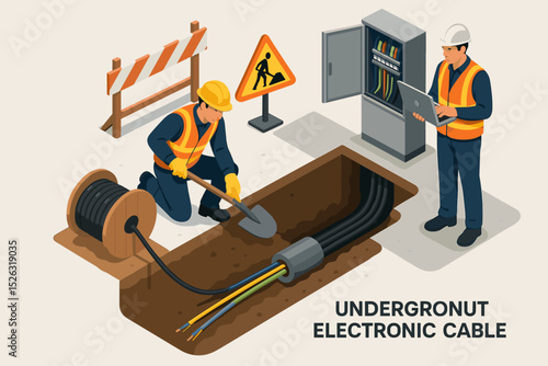 Isometric concept of workers on construction site. Technicians laying underground fiber optic cable for internet network. Engineer with laptop doing maintenance and repair.