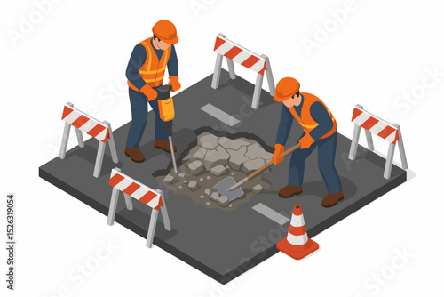 Isometric vector illustration of a road repair team at work. Construction workers in safety vests fixing a pothole in the asphalt with a jackhammer and shovel. Road maintenance concept.