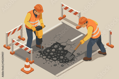 Road repair team working on street. Isometric illustration of construction workers with jackhammer and shovel fixing asphalt pothole. Infrastructure maintenance and building concept vector.