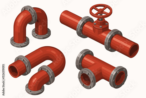 Industrial pipes and valve vector set. Isometric illustration of red pipeline parts, fittings, and connectors. For plumbing, engineering, factory, or fire fighting system concepts.