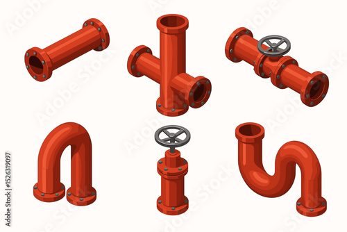 Set of industrial pipe elements. Isometric vector constructor kit with red pipes, valves, flanges, and tube fittings for building plumbing, gas, oil, or fire safety systems.