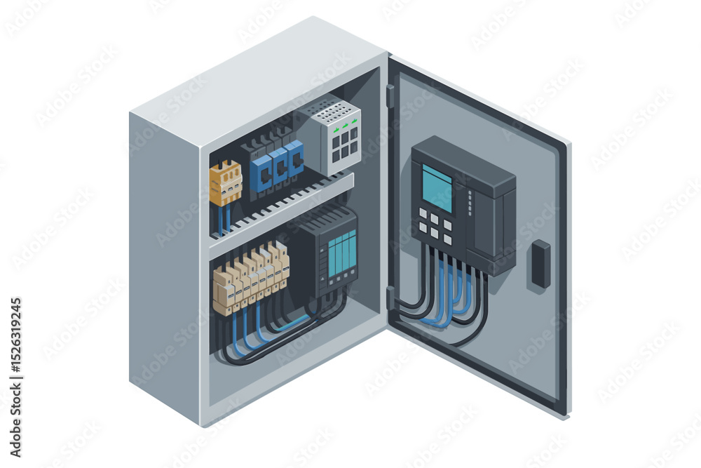 Isometric electrical control cabinet for smart factory automation. Industrial panel with PLC, circuit breakers, and wiring. Technology and engineering vector illustration concept. Isometric electrical control cabinet for smart factory automation. Industrial panel with PLC, circuit breakers, and wiring. Technology and engineering vector illustration concept.