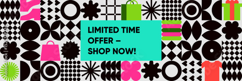 Bright geometric sale banner with abstract shopping icons, bold shapes, and vibrant colors. "LIMITED TIME OFFER – SHOP NOW!" text block at center in aqua green.