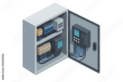 Isometric electrical control cabinet for smart factory automation. Industrial panel with PLC, circuit breakers, and wiring. Technology and engineering vector illustration concept.