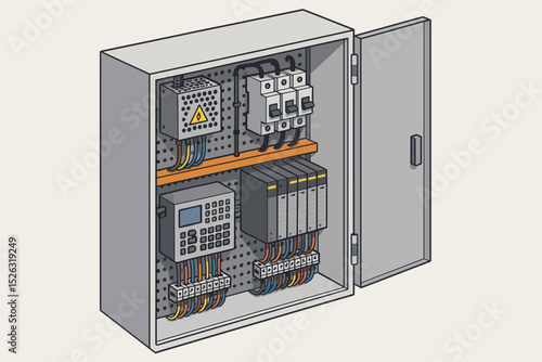 Isometric electrical control cabinet with PLC for smart factory automation. Vector illustration of an industrial power distribution panel with circuit breakers and control system.