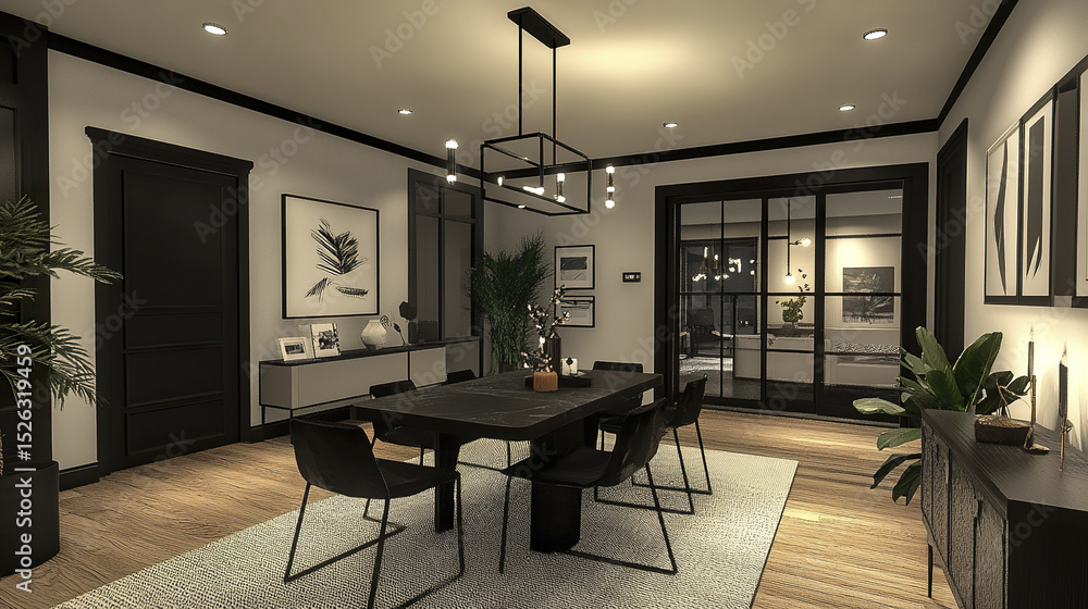 Fototapeta premium Stylish dining space with modern furniture and mixed textures, creating cozy atmosphere