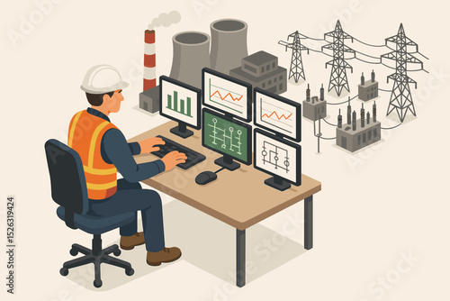 Control room engineer managing power grid. Operator monitoring nuclear station, electricity transmission and substation data on multiple computers. Industrial energy management concept.
